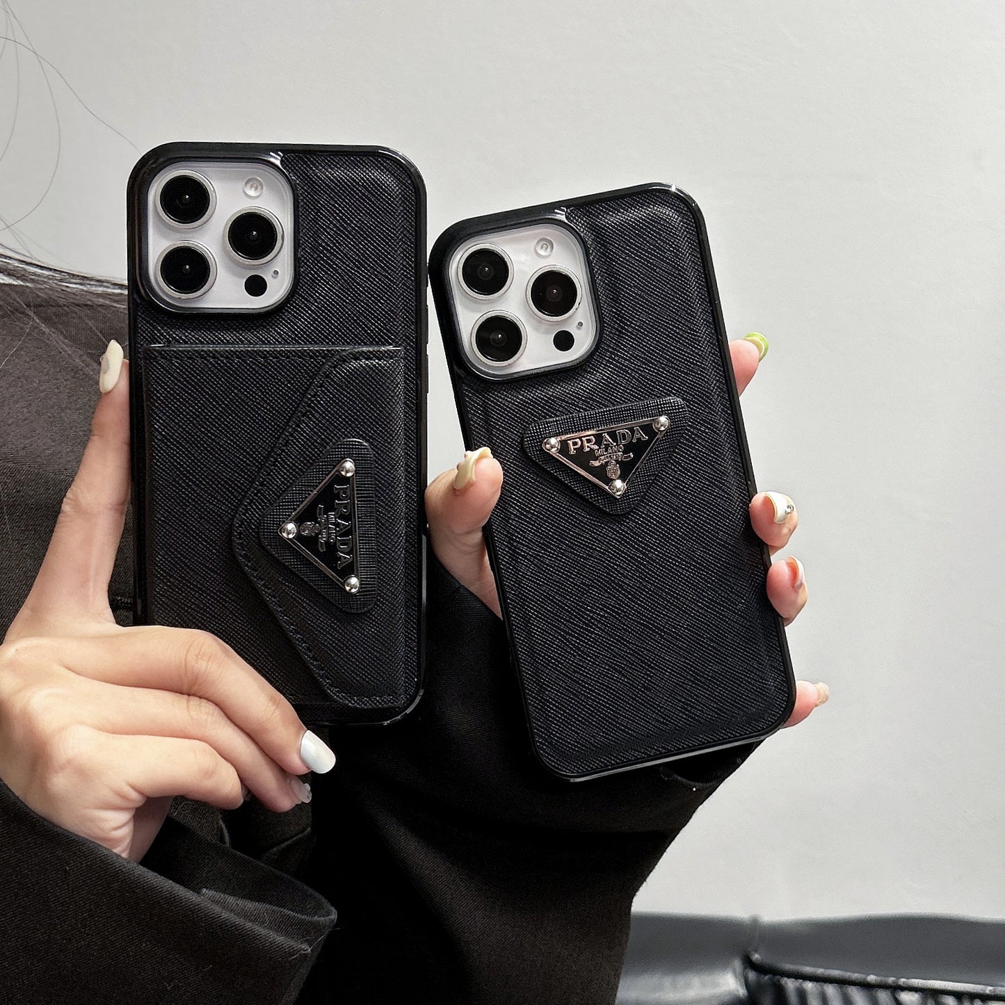 New Cross Grain Leather Triangle Trifold Card Holder Phone Case