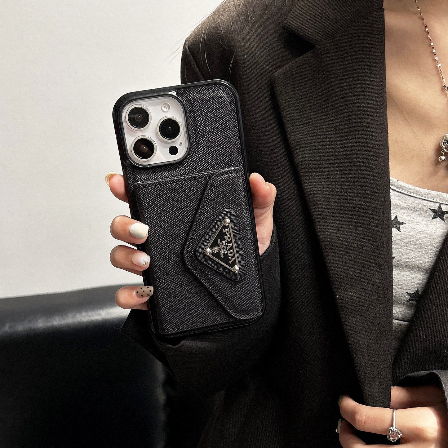 New Cross Grain Leather Triangle Trifold Card Holder Phone Case