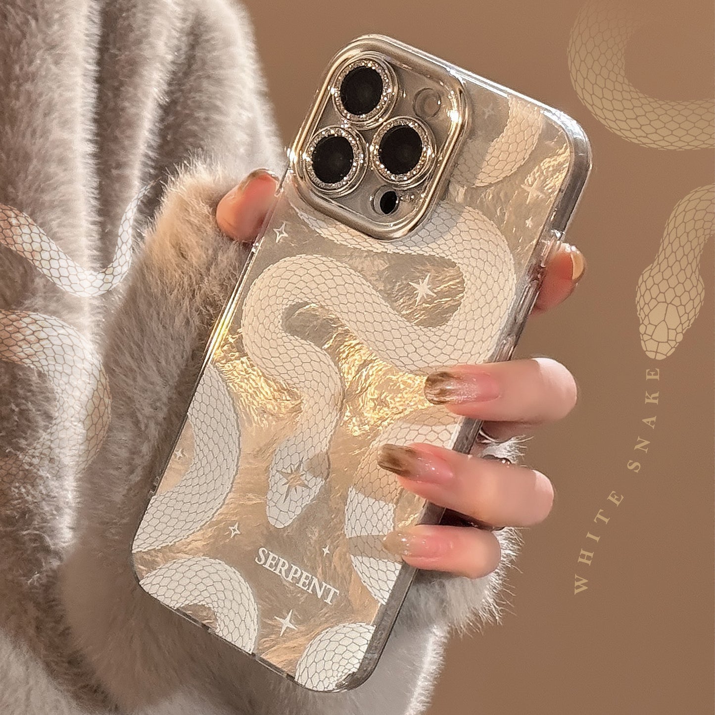 2025 White Python Pattern Phone Case For iPhone Lens Glitter