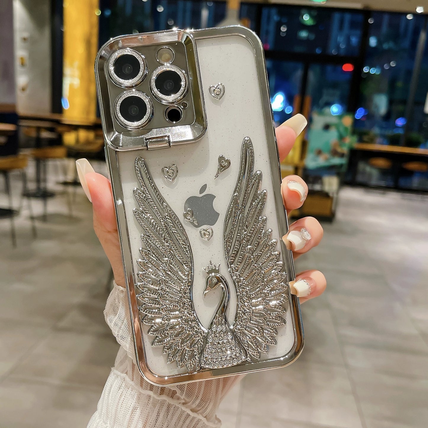 Swan Glitter Lens Holder Phone Case for iPhone