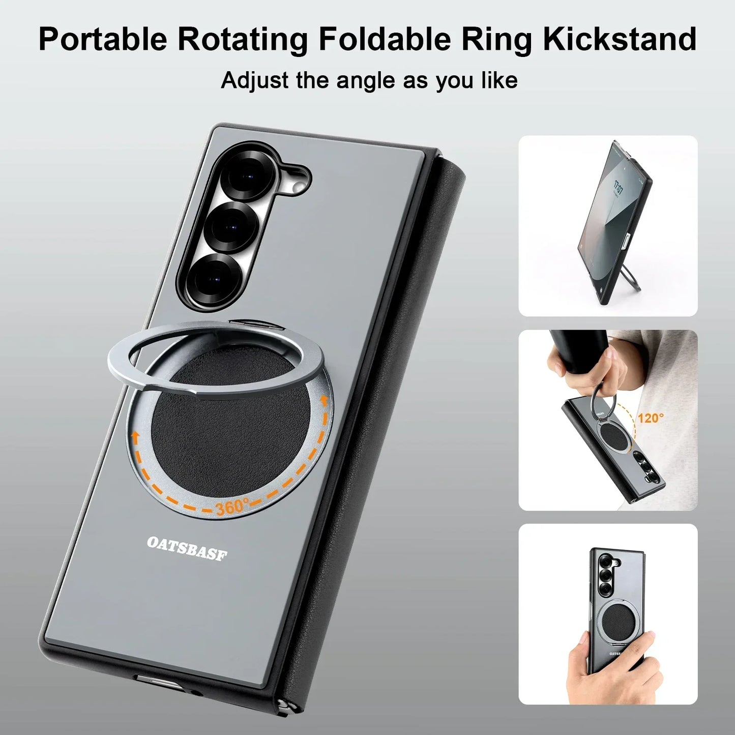 Eary 360° Ring Leather Case with MagSafe & Kickstand for Samsung Galaxy Z Fold 6/5