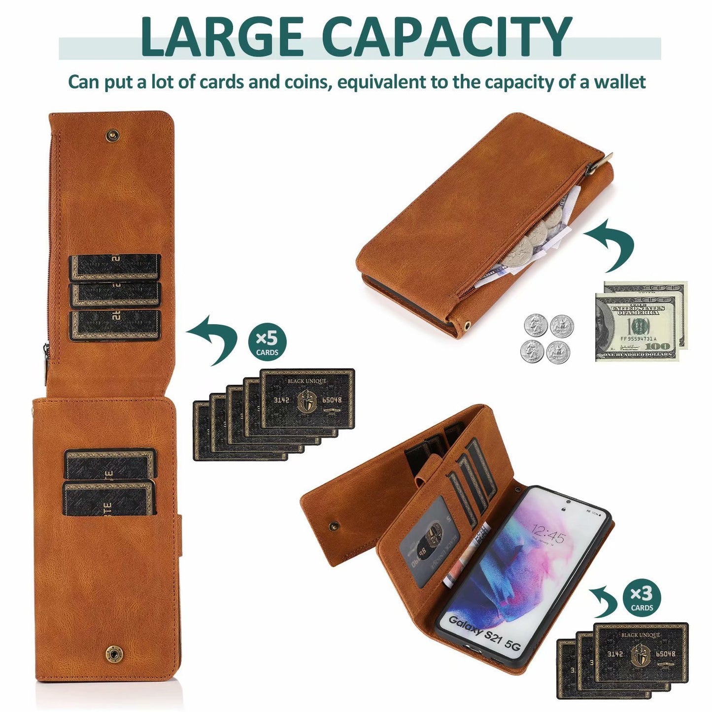 Leather Zipper Wallet Phone Case For Samsung A15