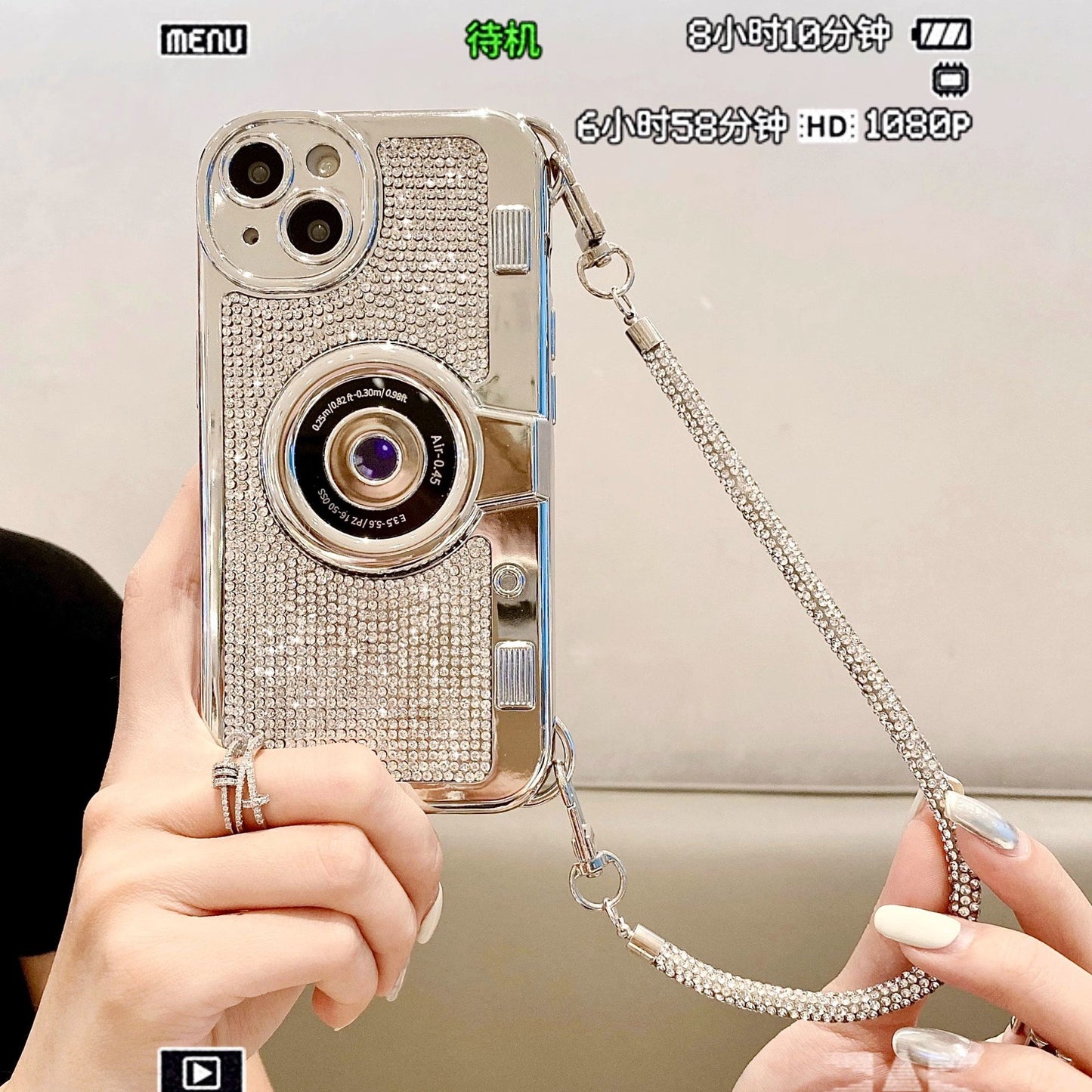 Applicable to iPhone camera diamond mobile phone case Apple 14plus rhinestone high-end wristband bracelet