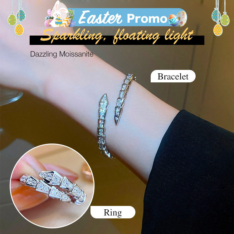 Easter promo - Moissanite Snake Shaped Bracelet and Ring Set - Free Jewelry Box.
