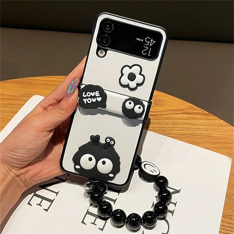 Cute Coal Ball Elf Phone Case, Hinge Leather Grain Case with Black Bead Bracelet, Compatible with Galaxy Z Flip 3/Galaxy Z Flip 4/Galaxy Z Flip 5/Galaxy Z Flip 6