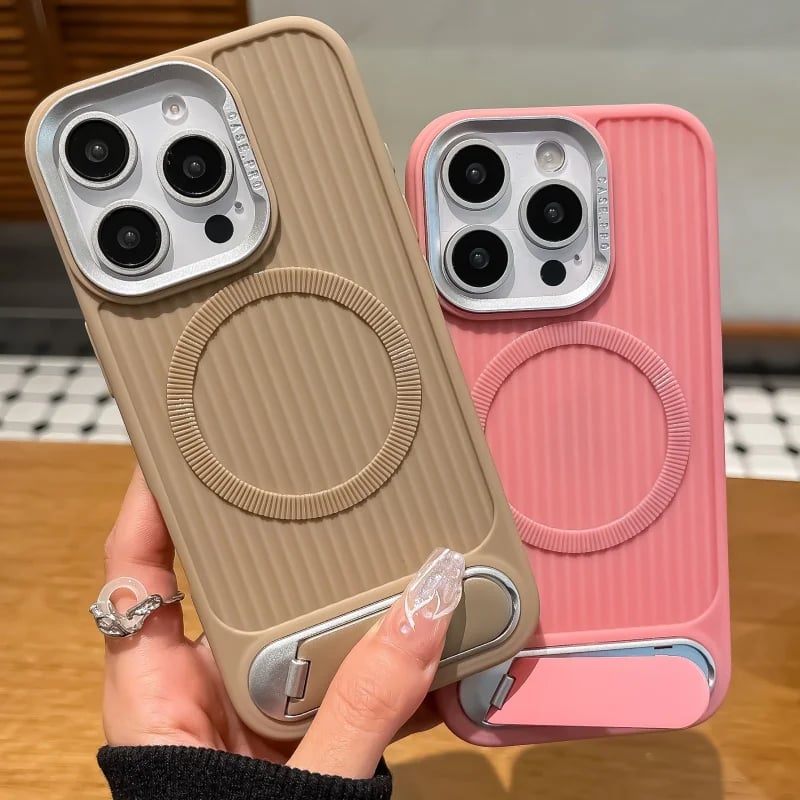 Luxury Stripe With Folding Bracket Plain Phone Case For iPhone