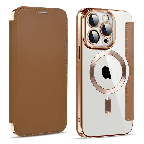 π±2024 New Transparent Electroplated Magnetic Leather Flip Case for iPhone