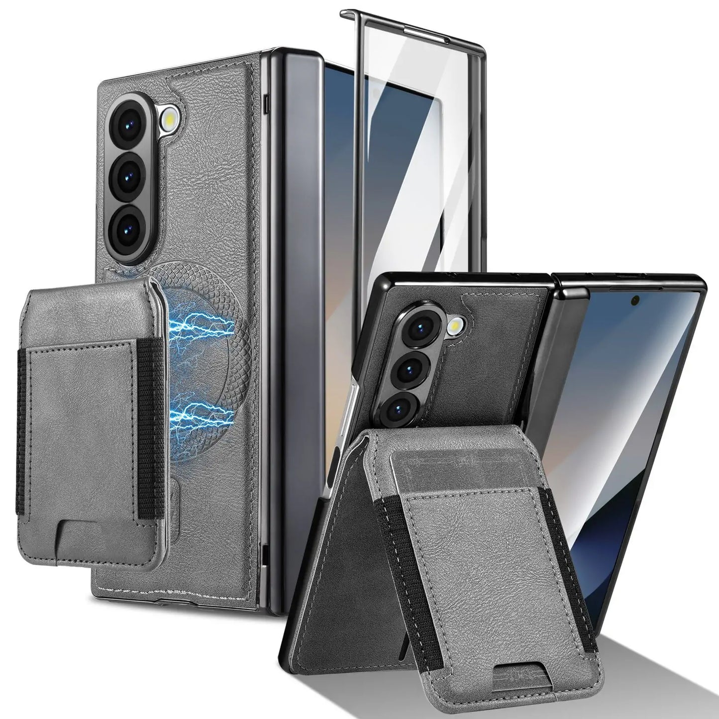 Luxury Leather Magnetic Wallet Case for Galaxy Z Fold7/6/5/4/3 with Hinge Protection and Screen Protector