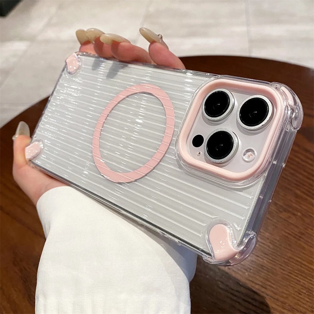 Clear 3D StripeTexture Magnetic Wireless Charging  Case For iPhone