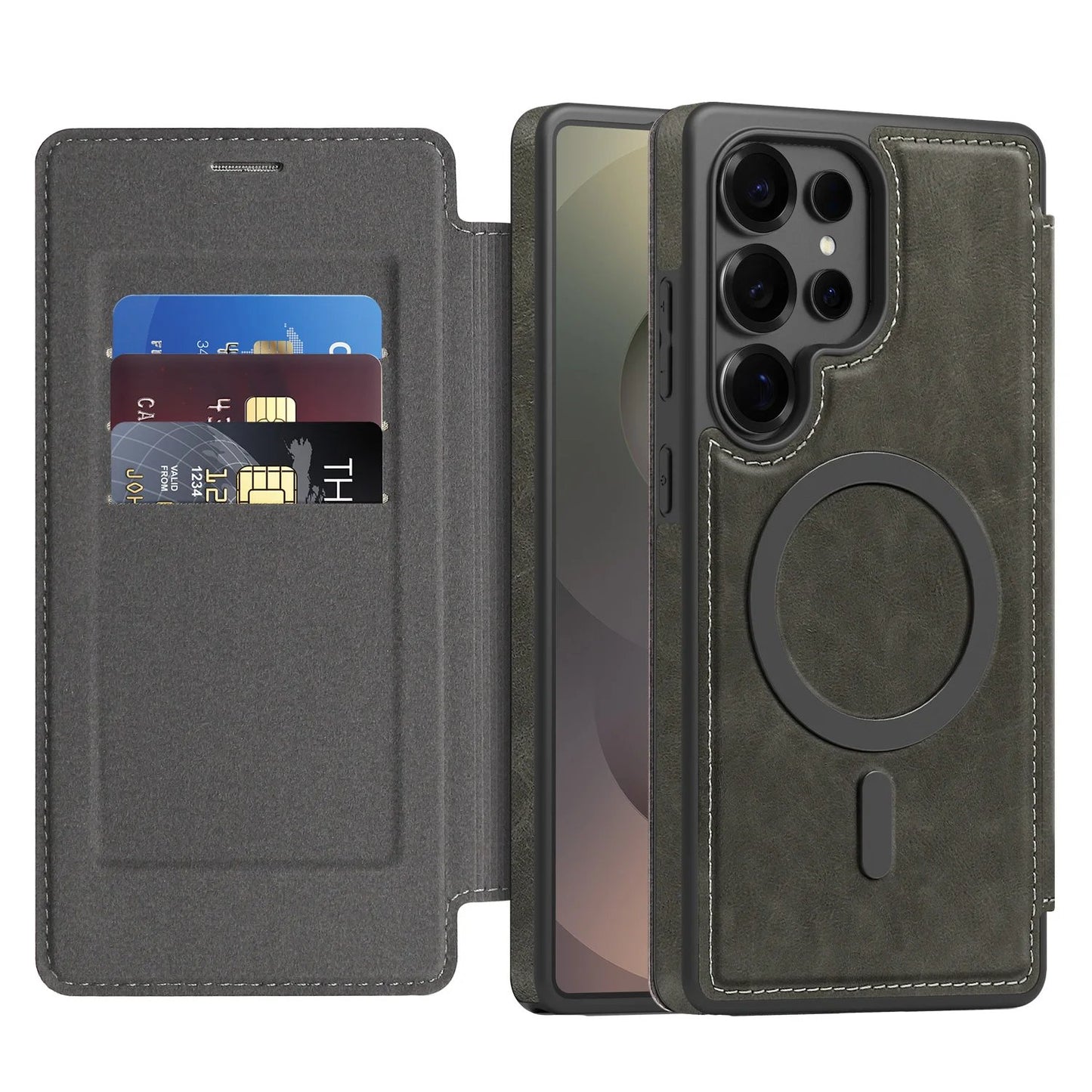 MagSafe Flip Leather Wallet Case for Samsung S25/S24/S23/S22 – RFID Blocking, Card Slots, Full Protection