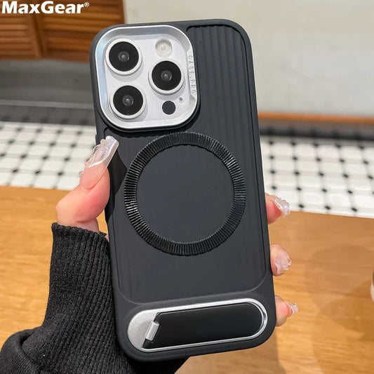 Luxury Stripe With Folding Bracket Plain Phone Case For iPhone