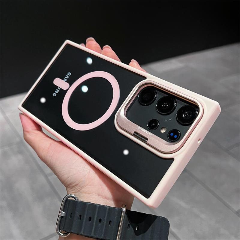 Soft Silicone-Edged Transparent Samsung Phone Case, Complete with a Foldable Metal Lens Protection Frame