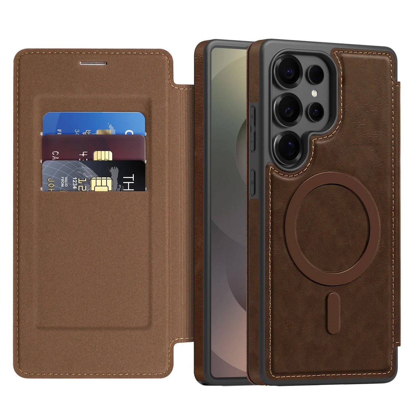 MagSafe Flip Leather Wallet Case for Samsung S25/S24/S23/S22 – RFID Blocking, Card Slots, Full Protection