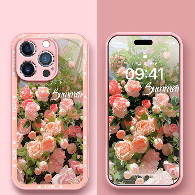 Metal Glass Rose Pattern Case Cover For iPhone