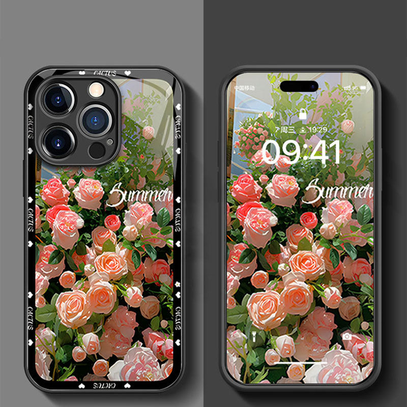 Metal Glass Rose Pattern Case Cover For iPhone