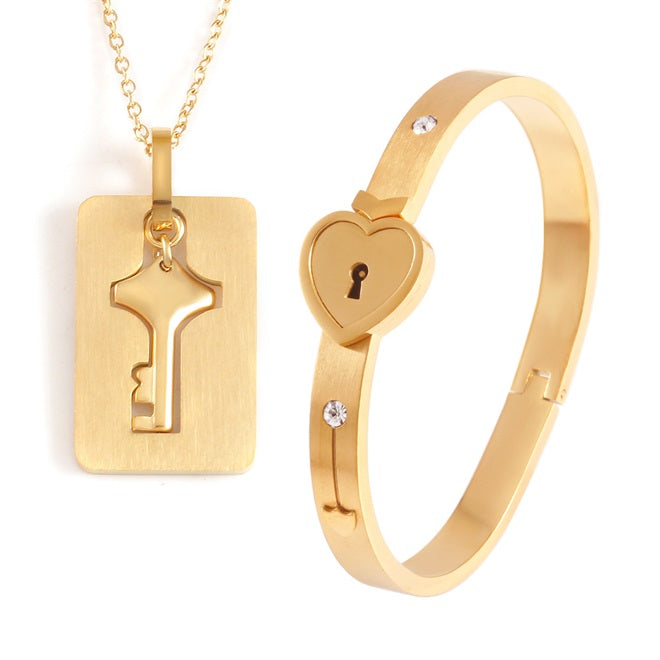 Key to My Heart Couple Key Necklace and Love Lock Bracelet Gift Set