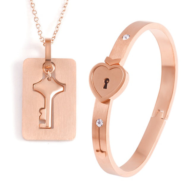 Key to My Heart Couple Key Necklace and Love Lock Bracelet Gift Set