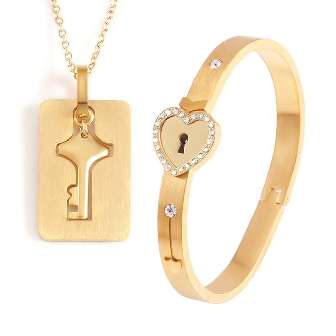 Key to My Heart Couple Key Necklace and Love Lock Bracelet Gift Set