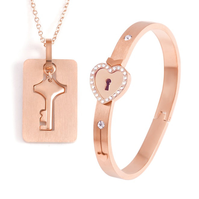 Key to My Heart Couple Key Necklace and Love Lock Bracelet Gift Set