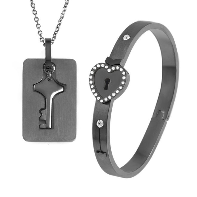 Key to My Heart Couple Key Necklace and Love Lock Bracelet Gift Set