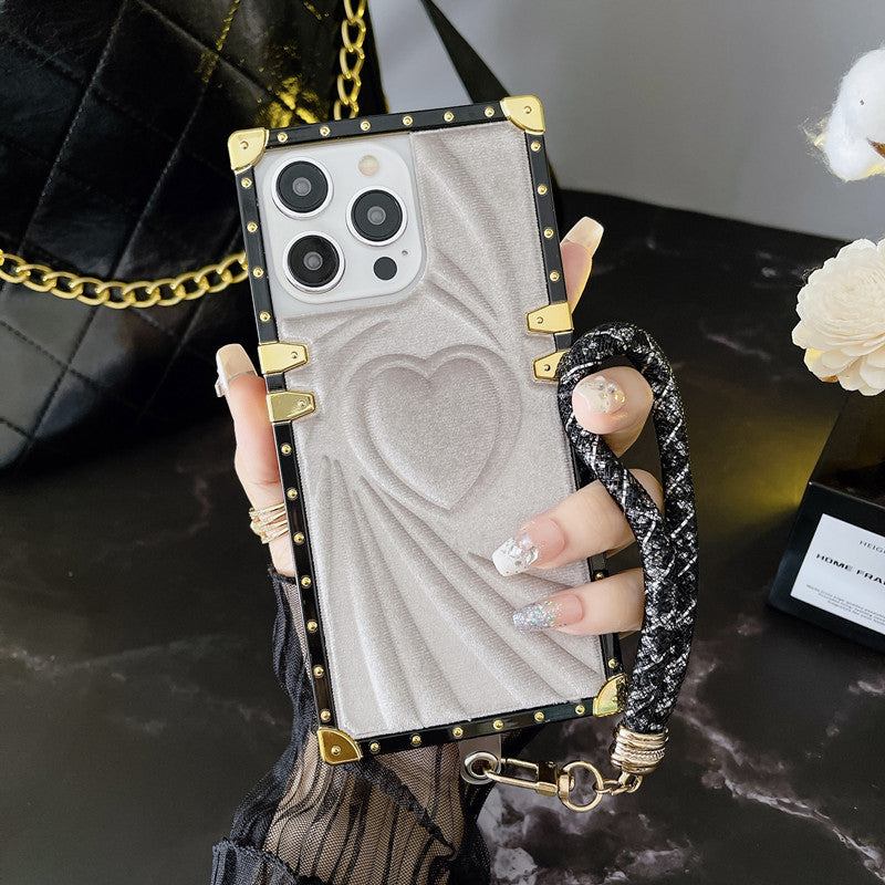 3D Velvet Heart Punk Rivet Phone Case With Lanyard For iPhone