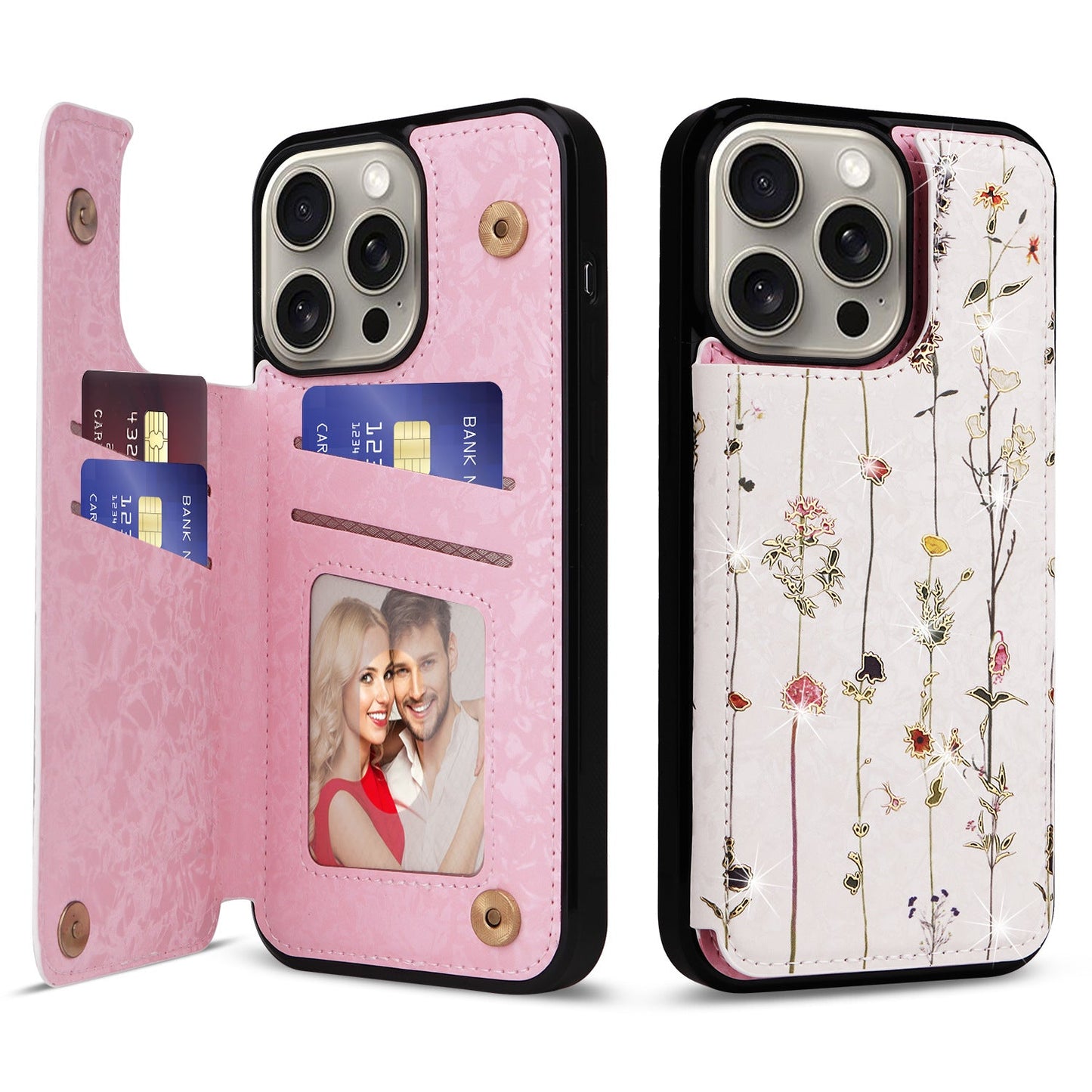 New Flower Print Anti-theft Double Buckle Hot Stamping Leather Case For iPhone