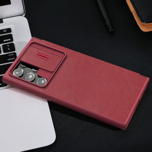 Leather Case with Flip Cover and Slide Camera Protection For Samsung