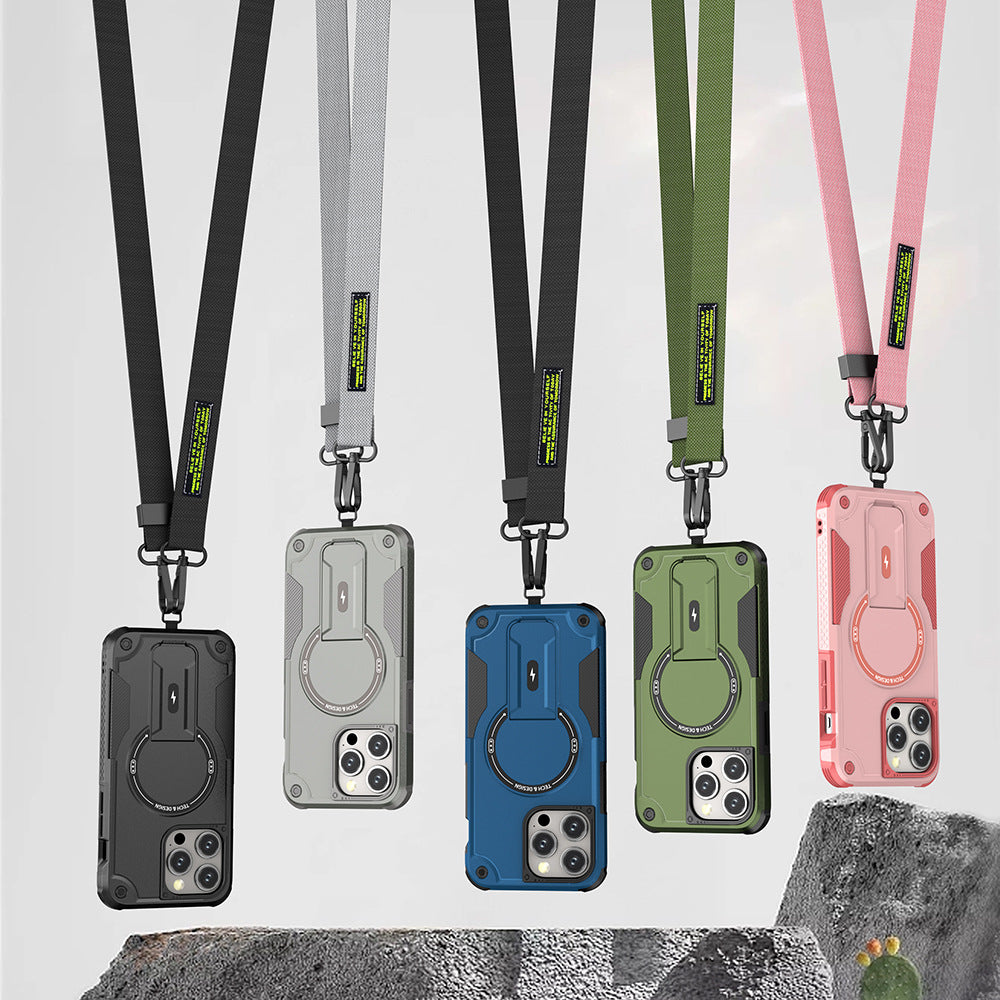 Mecha magnetic invisible holder mobile phone protective case with same style lanyard