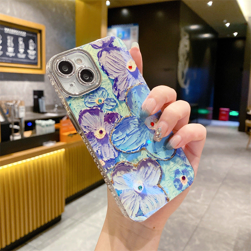 Blu-ray Diamond-studded Colorful Flower Phone Case  For iPhone 15 Series