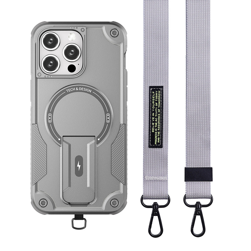 Mecha magnetic invisible holder mobile phone protective case with same style lanyard