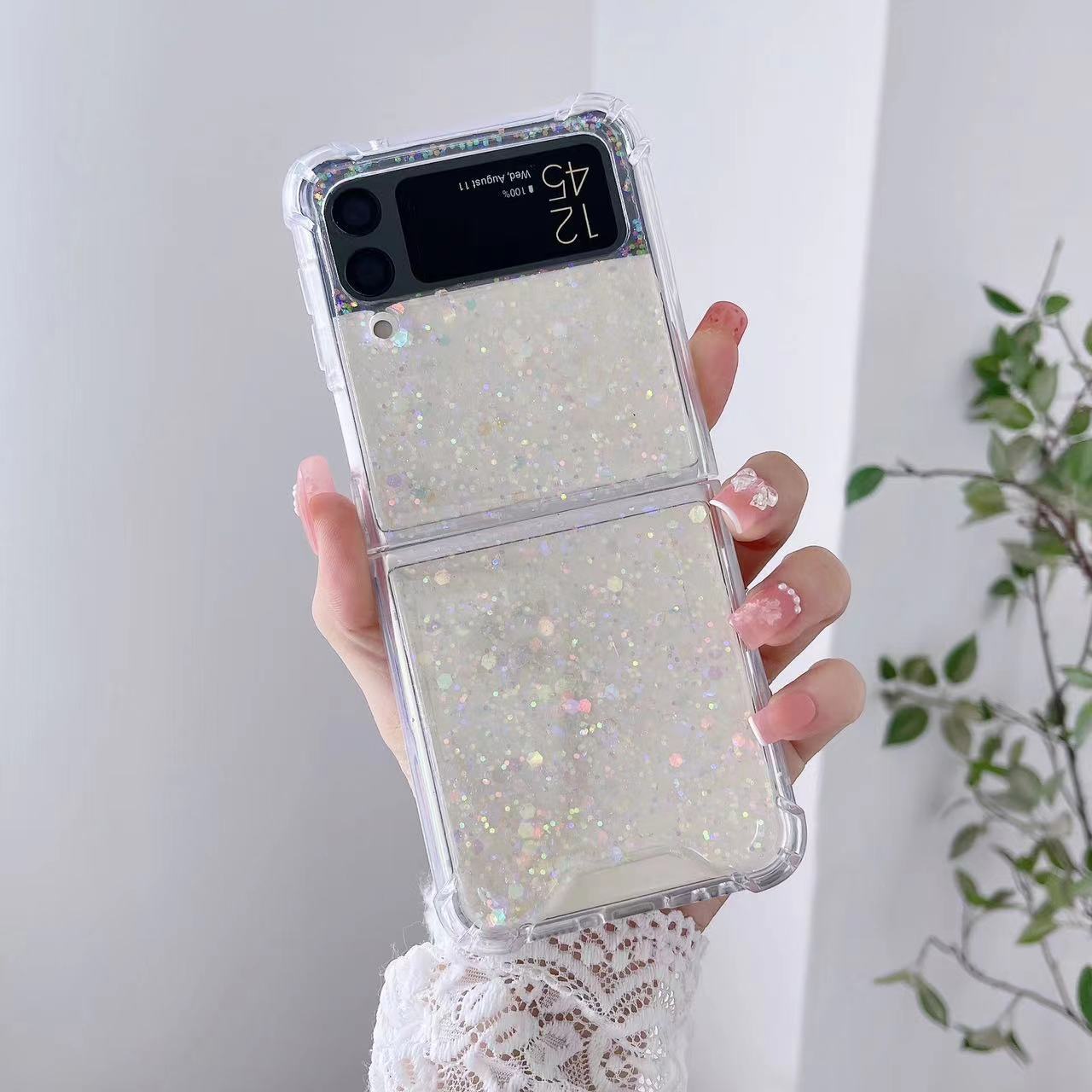 Samsung Galaxy Z Flip 3/4/5/6 Clear Case, Soft Clear Flexible Rubber Glitter Sparkle Case Corners Shockproof Protective Cover