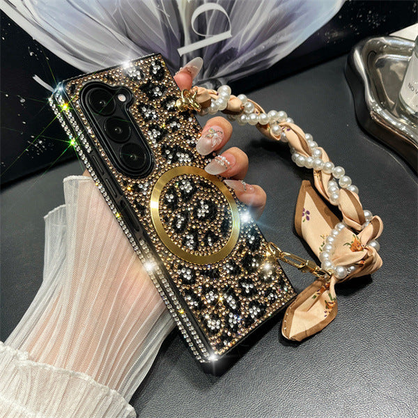 Suitable for Samsung zfold mobile phone case leopard print magnetic rhinestone creative folding protective cover
