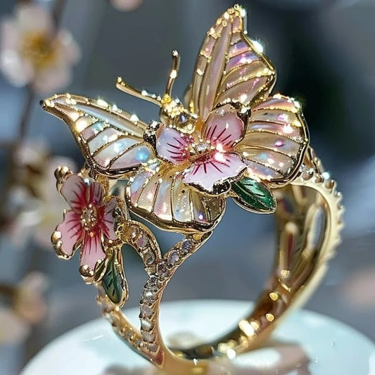 Enamel Butterfly Flower Ring