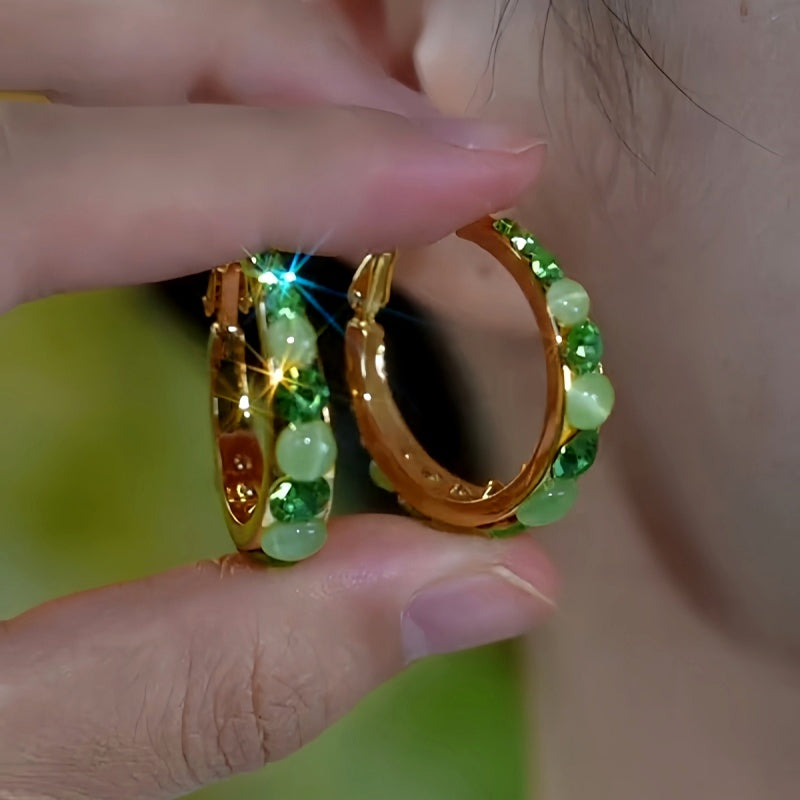 💐Mother's Day Pre-sale💝14K Gold-Plated Elegant Diamond Cat's Eye Stone Hoop Earrings