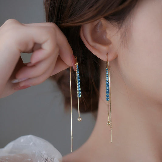 🎄CHRISTMAS PRE-SALE🎁14K GOLD-PLATED LONG CRYSTAL THREADER EARRINGS