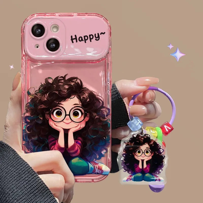 iPhone Creative Fried Hair Glasses Girl Mobile Phone Case With Flip Mirror