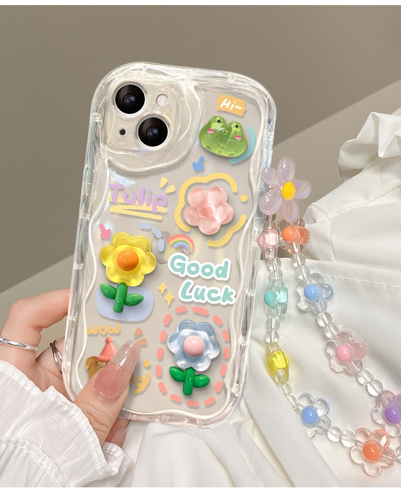 Cute Phone Case for iPhone Series Teens Case with Cute Clear 3D Flower Floral and Flower Chain Lanyard Wrist Strap Clear Phone Case for Girls Womens