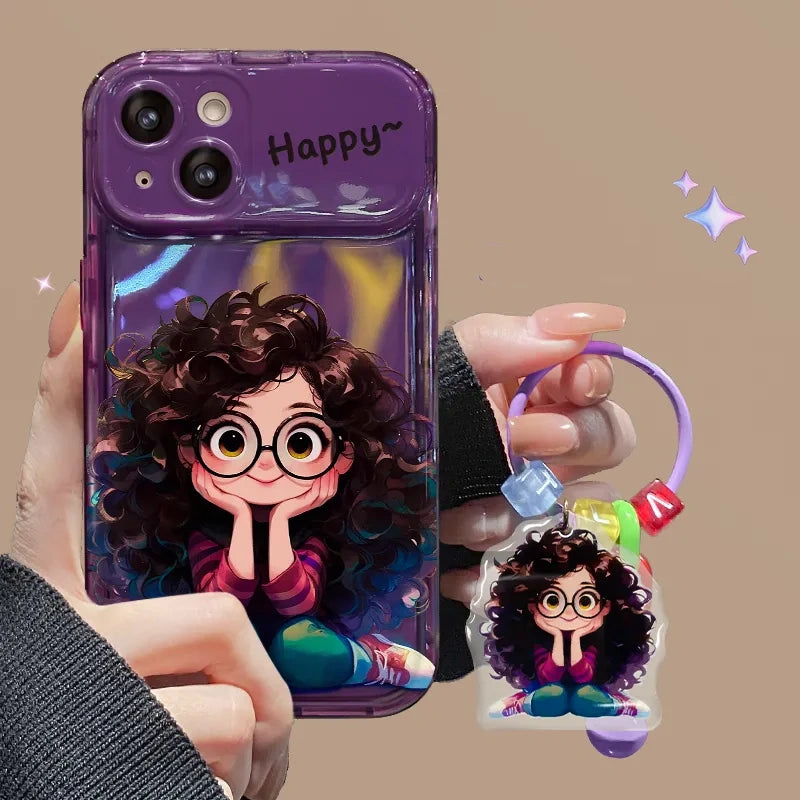 iPhone Creative Fried Hair Glasses Girl Mobile Phone Case With Flip Mirror