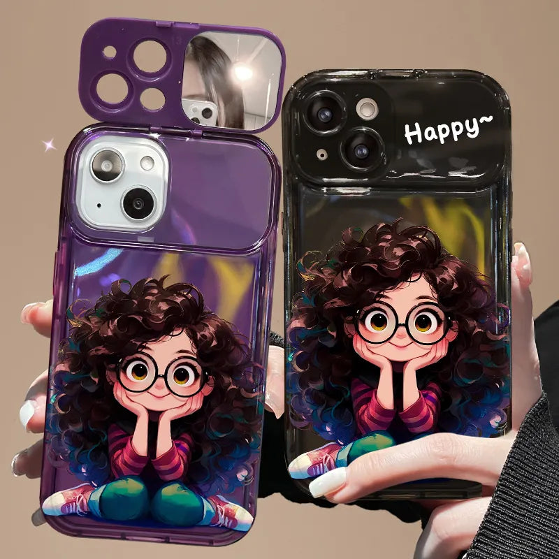 iPhone Creative Fried Hair Glasses Girl Mobile Phone Case With Flip Mirror