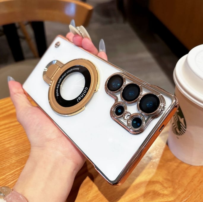 Magnetic HD high transparent phone case electroplated folding stand for Samsung