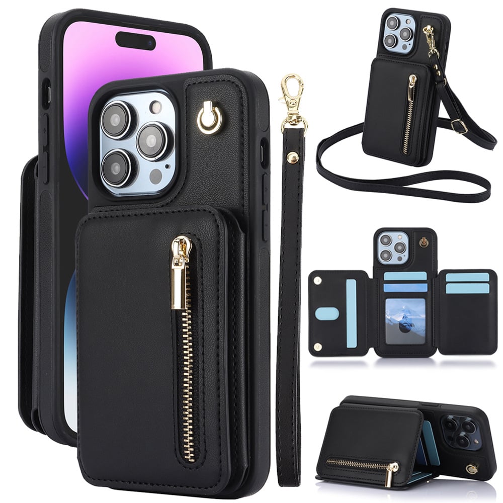 🔥Card Slot Phone Case with Zipper Pocket Kickstand Purse Hand Strap Cover for iPhone/Samsung