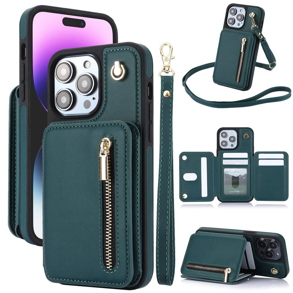 🔥Card Slot Phone Case with Zipper Pocket Kickstand Purse Hand Strap Cover for iPhone/Samsung