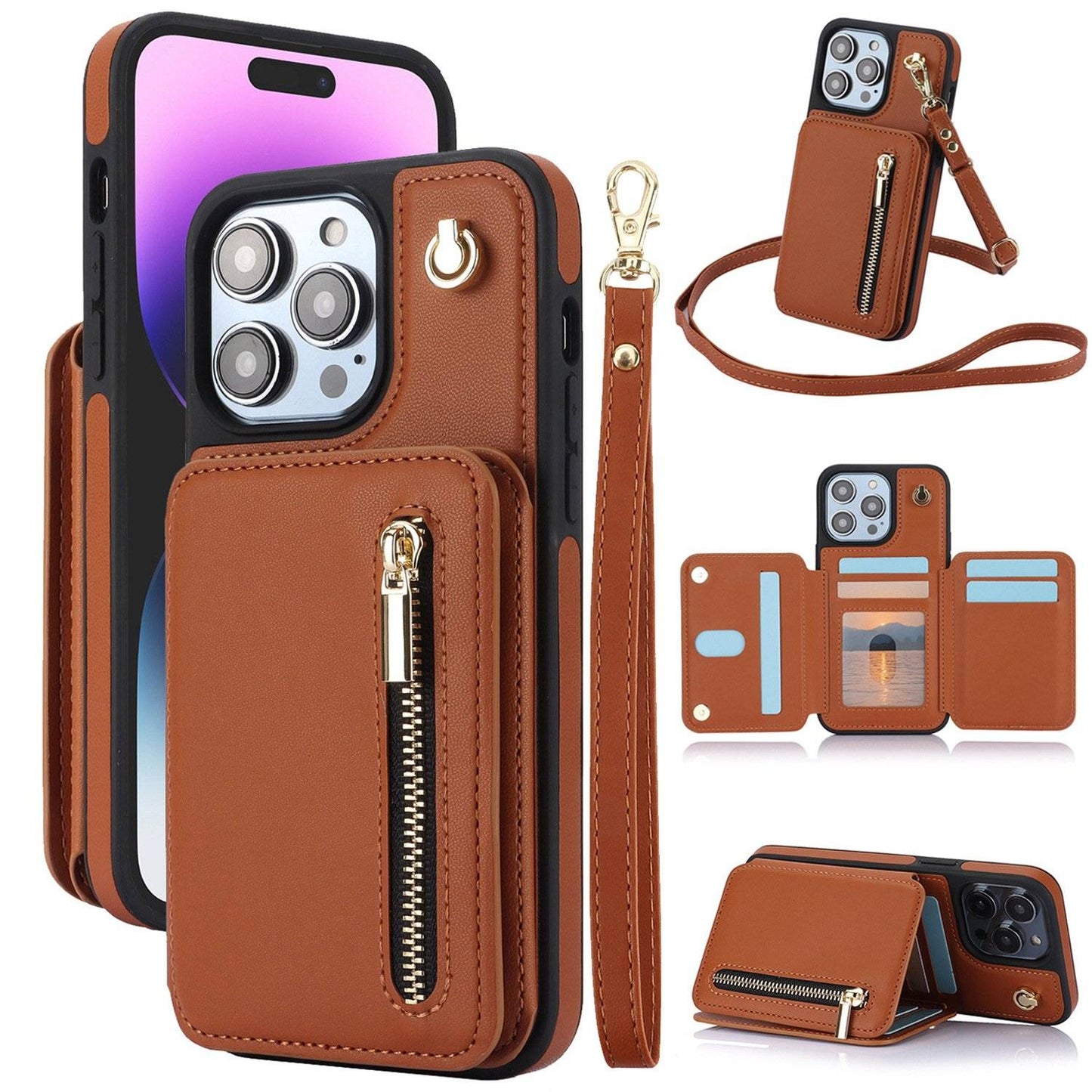 🔥Card Slot Phone Case with Zipper Pocket Kickstand Purse Hand Strap Cover for iPhone/Samsung