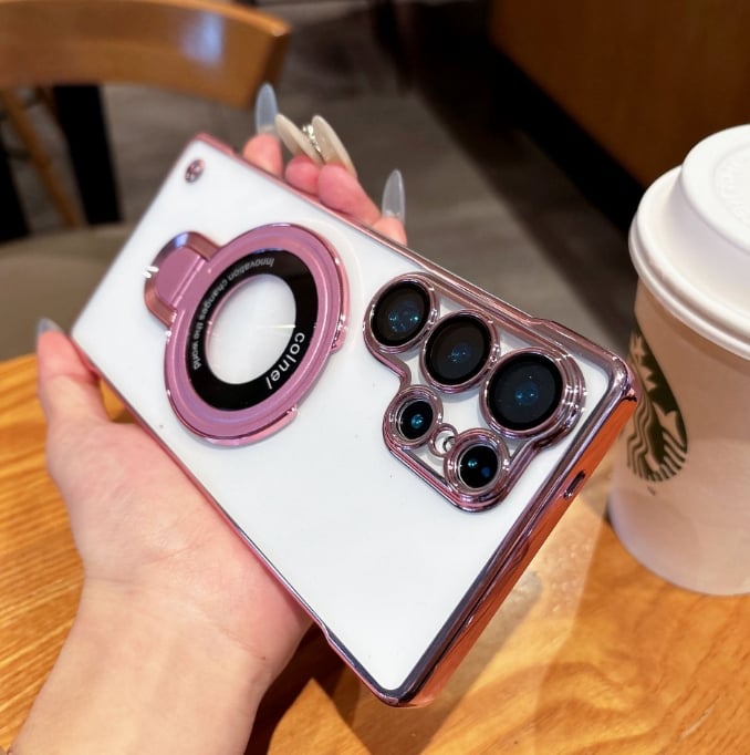 Magnetic HD high transparent phone case electroplated folding stand for Samsung