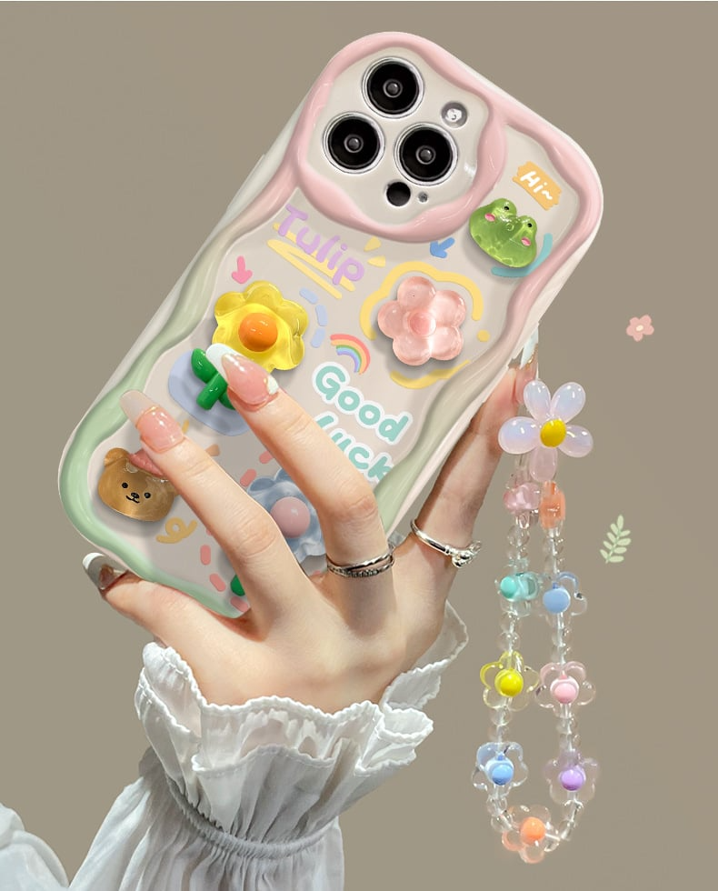 Cute Phone Case for iPhone Series Teens Case with Cute Clear 3D Flower Floral and Flower Chain Lanyard Wrist Strap Clear Phone Case for Girls Womens