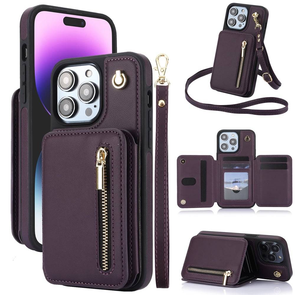 🔥Card Slot Phone Case with Zipper Pocket Kickstand Purse Hand Strap Cover for iPhone/Samsung