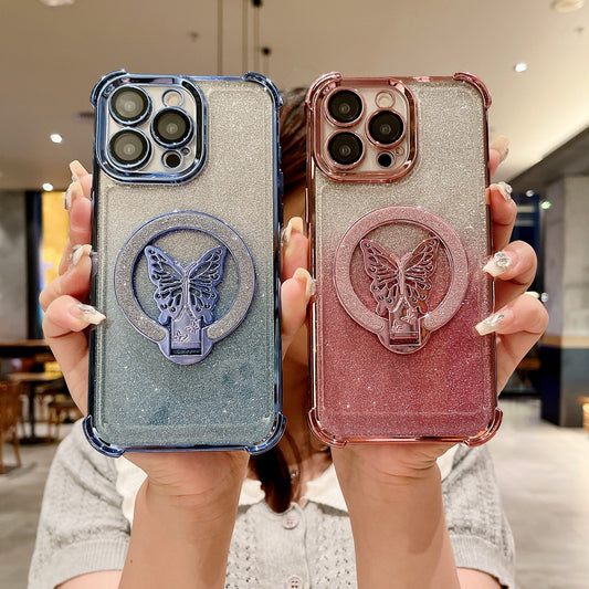 Butterfly Glitter Stand Magnetic Phone Case For iPhone - Four Corners Airbag Drop Protection