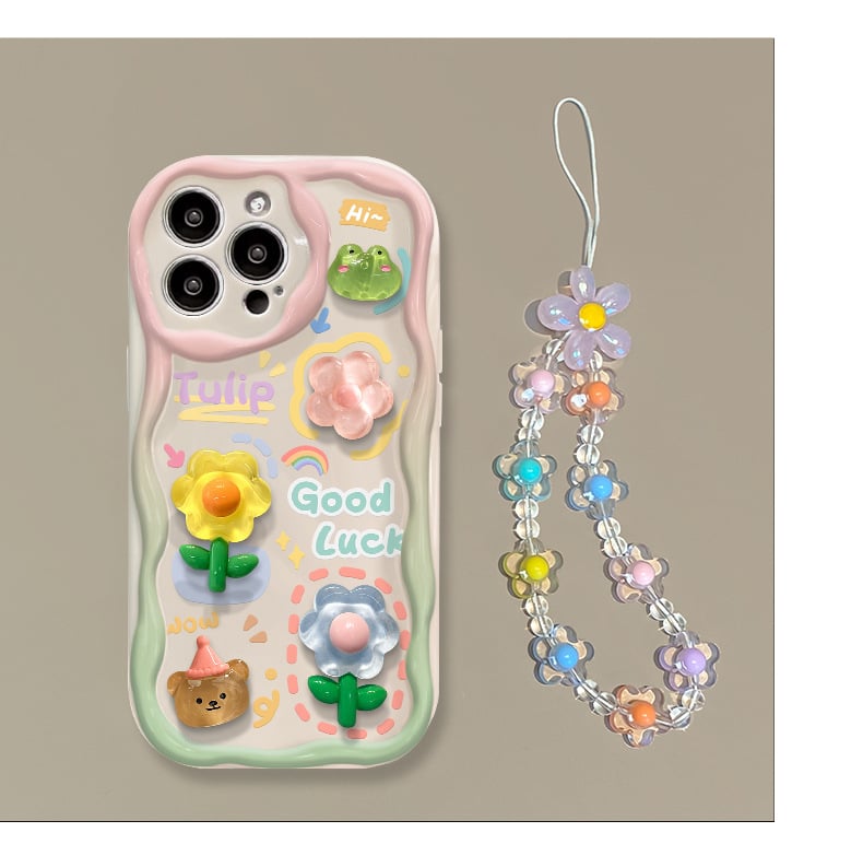 Cute Phone Case for iPhone Series Teens Case with Cute Clear 3D Flower Floral and Flower Chain Lanyard Wrist Strap Clear Phone Case for Girls Womens
