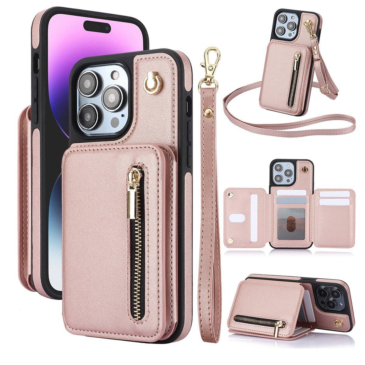 🔥Card Slot Phone Case with Zipper Pocket Kickstand Purse Hand Strap Cover for iPhone/Samsung