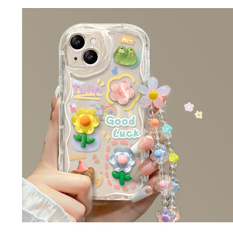Cute Phone Case for iPhone Series Teens Case with Cute Clear 3D Flower Floral and Flower Chain Lanyard Wrist Strap Clear Phone Case for Girls Womens